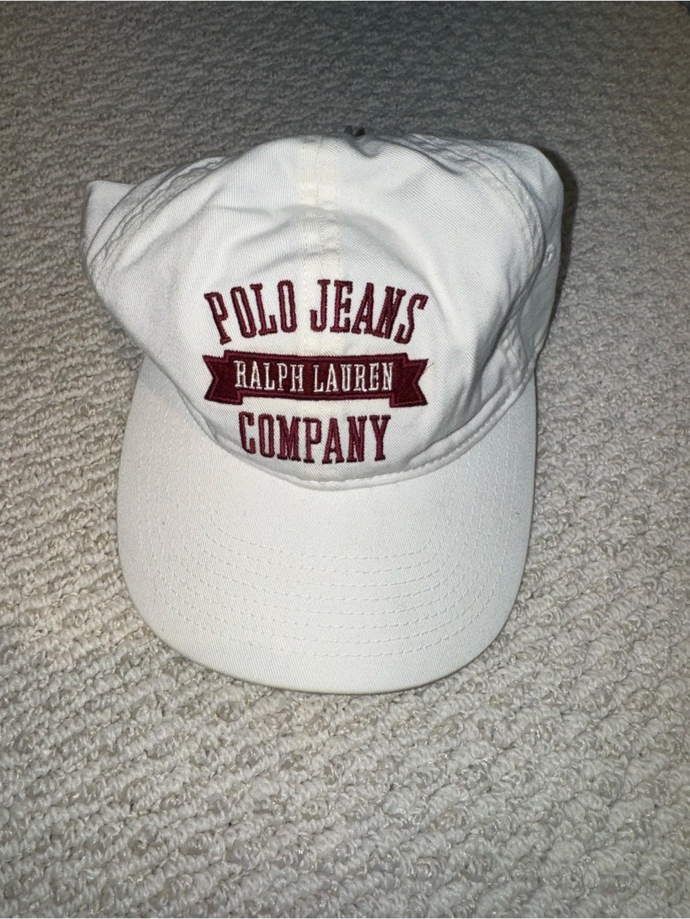 Ralph Lauren White Polo Jeans Company Baseball Cap with Maroon Embroidery